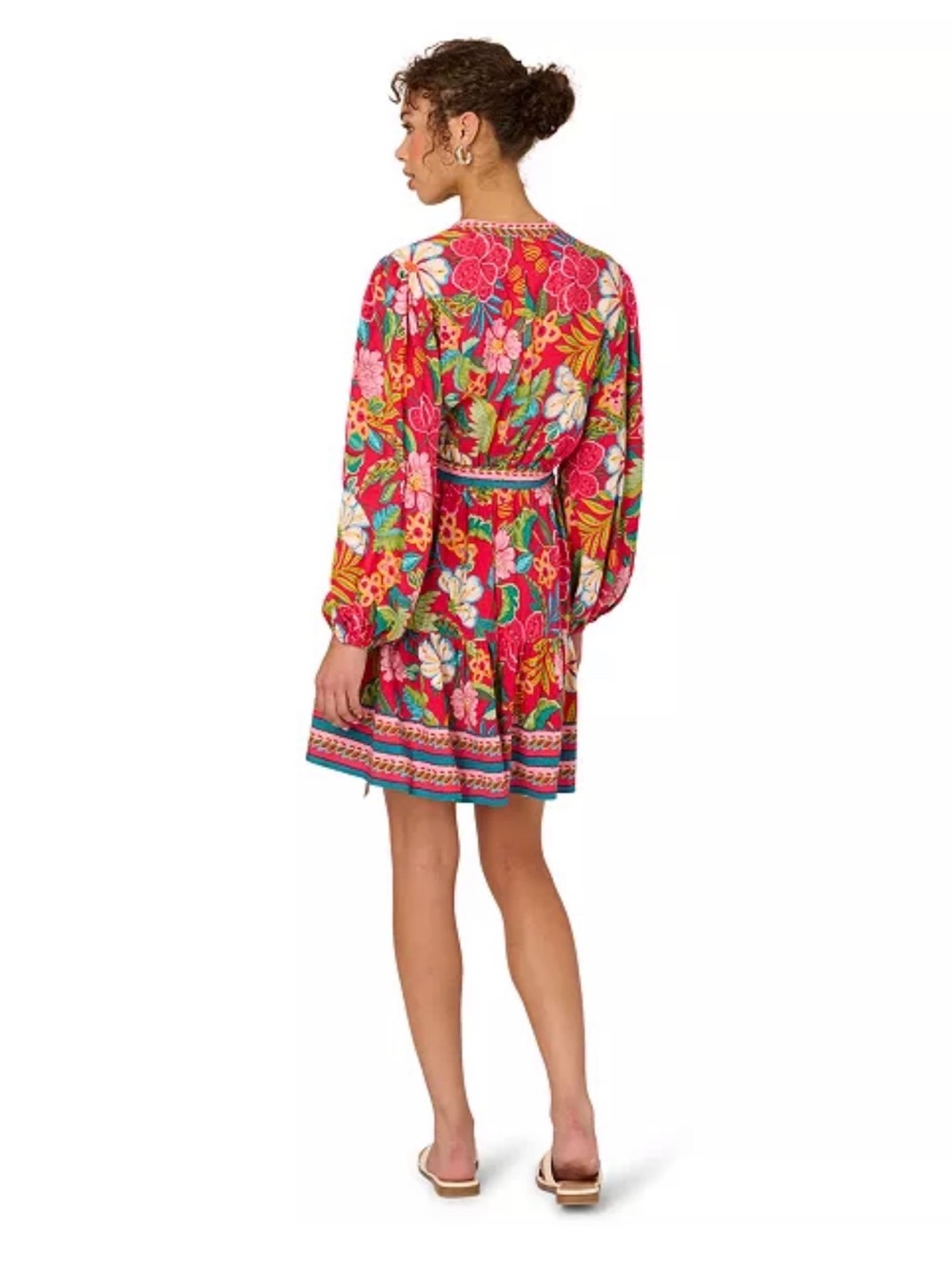 Adrianna Papell Tropical Floral Dress Tie Waist V Neck Long Sleeve Mini Red 8 - Picture 10 of 14